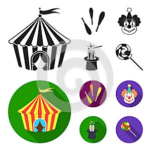 Circus tent, juggler maces, clown, magician hat.Circus set collection icons in black, flat style vector symbol stock