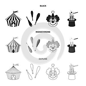 Circus tent, juggler maces, clown, magician hat.Circus set collection icons in black,monochrome,outline style vector