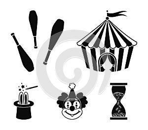 Circus tent, juggler maces, clown, magician`s hat.Circus set collection icons in black style vector symbol stock