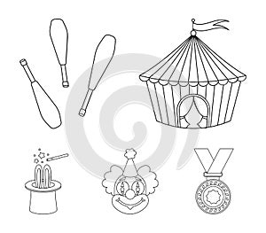 Circus tent, juggler maces, clown, magician`s hat.Circus set collection icons in outline style vector symbol stock