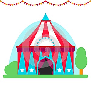 Circus show entertainment tent marquee outdoor festival with stripes flags carnival vector illustration.