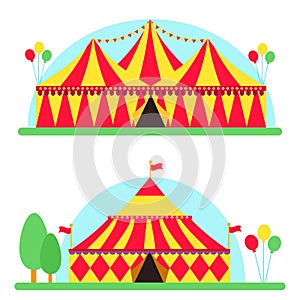 Circus show entertainment tent marquee outdoor festival with stripes flags carnival vector illustration.