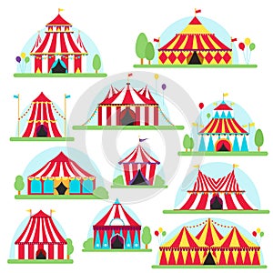 Circus tent marquee with stripes and flags . Ideal for carnival signs
