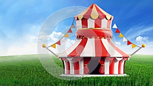 Circus tent standing on green field against blue sky. 3D illustration