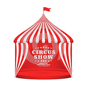 Circus tent with striped roof and curtains. Carnival poster for event with circus marquee isolated on white background