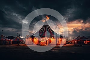 Circus Tent Under a Warn Sunset, Circus Tent Night View, Carnival Park, Generative AI Illustration