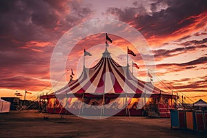 Circus Tent Under a Warn Sunset, Circus Tent Night View, Carnival Park, Generative AI Illustration