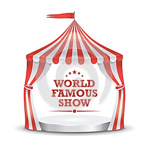 Circus Tent Vector. Red And White Stripes. Cartoon Circus Classic Marquee Tent. Isolated Illustration