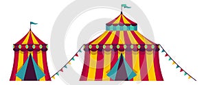 Circus tents. Red stripes carnival marquee with flags
