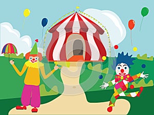 Circus theme landscape with clowns and tent