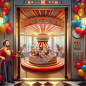 25 21. A circus-themed elevator with a rotating carousel in th