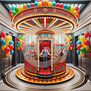 28 21. A circus-themed elevator with a rotating carousel in th