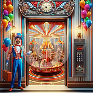 29 21. A circus-themed elevator with a rotating carousel in th