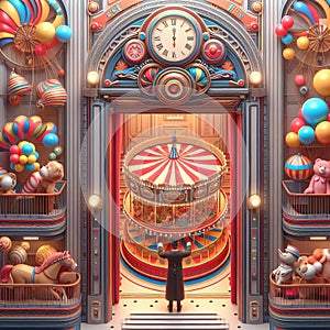 30 21. A circus-themed elevator with a rotating carousel in th