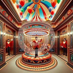 32 21. A circus-themed elevator with a rotating carousel in th