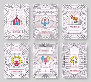 Circus thin line brochure cards set. Festival traditional template of flyear, magazines, posters, book cover, banners