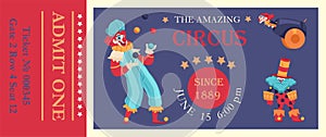 Circus ticket. Clown entertainment show greeting card or flyer template. Cartoon jokers and jesters comedians, funny