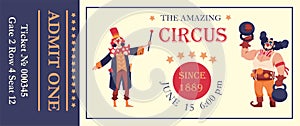 Circus ticket. Clowns performance. Carnival event invitation. Jester and athlete showing tricks. Entertainment party