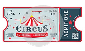 Circus ticket. An invitation to the circus. QR code. Jugglers, clowns, illusionists, acrobats