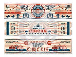 Circus tickets. Horizontal banners invitation for circus show carnival retro web vector banners