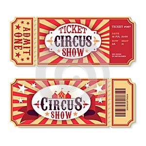Circus tickets. Magic show entrance vintage paper ticket, festival entertaining event coupons. Birthday party card photo