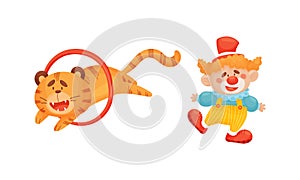 Circus Tiger Animal Jumping Through Circle and Clown Performing Trick Vector Set