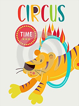 Circus tiger jumping through a ring of fire. Circus performance. Vector illustration.