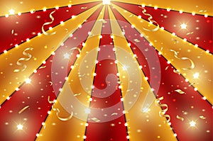 Circus top background of red and gold lines stripe with star constellations, light bulbs and tinsel. Retro sun beam ray template