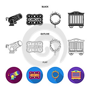 Circus trailer, circus gun, burning hoop, signboard.Circus set collection icons in black,flat,outline style vector