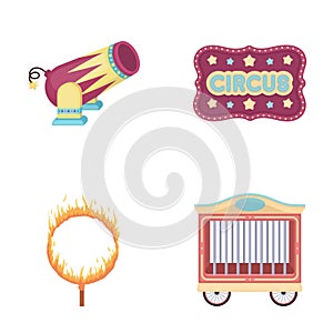 Circus trailer, circus gun, burning hoop, signboard.Circus set collection icons in cartoon style vector symbol stock