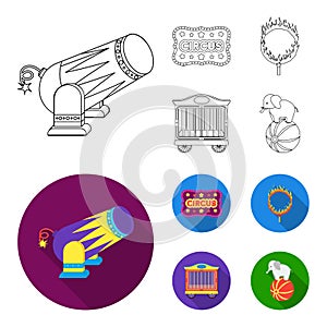 Circus trailer, circus gun, burning hoop, signboard.Circus set collection icons in outline,flat style vector symbol