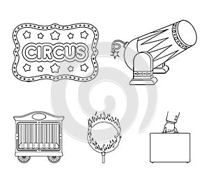 Circus trailer, circus gun, burning hoop, signboard.Circus set collection icons in outline style vector symbol stock