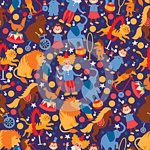Circus trained animals and clown seamless pattern vector illustration