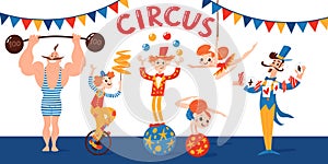 Circus vector characte poster with acrobats and athlete