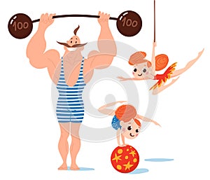 Circus vector character set with acrobat girls and athlete