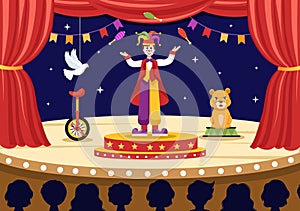 Circus Vector Illustration with Show of Gymnast, Magician, Animal Lion Tiger, Host, Entertainer, Clowns and Amusement Park