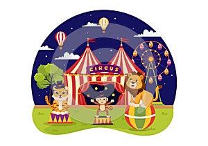 Circus Vector Illustration with Show of Gymnast, Magician, Animal Lion Tiger, Host, Entertainer, Clowns and Amusement Park