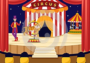 Circus Vector Illustration with Show of Gymnast, Magician, Animal Lion Tiger, Host, Entertainer, Clowns and Amusement Park