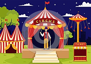 Circus Vector Illustration with Show of Gymnast, Magician, Animal Lion Tiger, Host, Entertainer, Clowns and Amusement Park