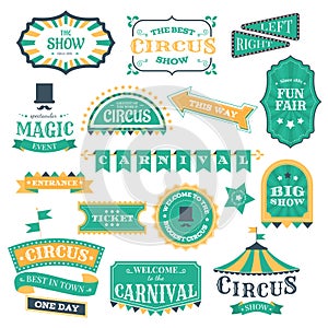Circus vintage badges. Magic circus carnival retro signs, circus show invitation elements and festival fair event vector