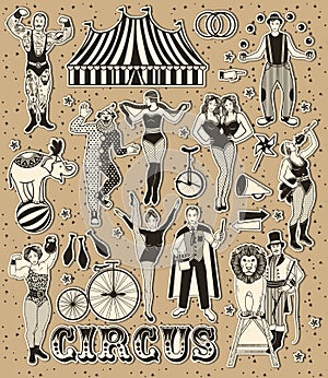 Circus Vintage Collection. The Lion Tamer, The Clown, The Circus Strong Woman, The Circus Magician, The Circus Fire