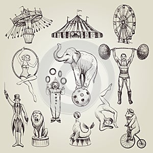 Circus vintage hand drawn vector illustrations set.