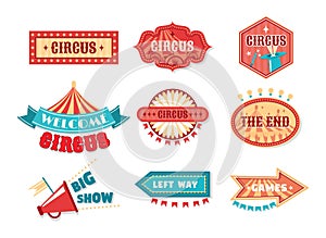 Circus vintage labels, sign boards. Logotype template for carnival, event banner emblems for entertainment