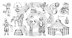 Circus vintage old sketch. Acrobat and juggler. Animals tricks. Park amusement. Clown fair entertainment. Artists