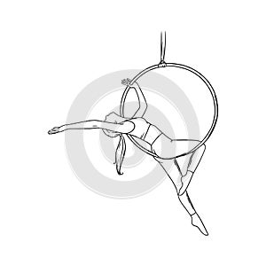 Circus woman acrobat in the hoop. Aerial dancer isolated in white background. Vector illustration