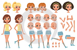 Cirl character creation set, cute girl constructor with different poses, gestures, faces, hairstyles, vector