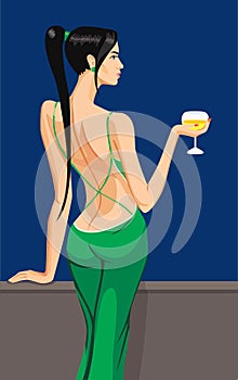 Cirl lady standing on the balcony with a glass of champagne wine in night sky club bar vector illustration