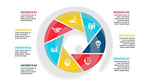 Cirle infographic with 7 options or steps. Abstract flat element of cycle diagram. Vector business template for