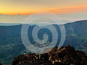 Cirque de cilaos at sunset view from piton des neiges on la reunion island