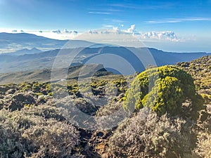 Sunset view on mountains from piton des neiges on la reunion island